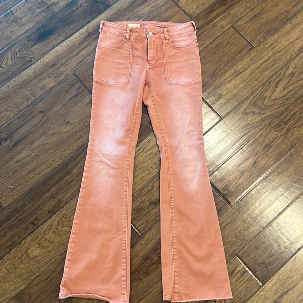 cute Flare rust color jeans, stretchy and low rise